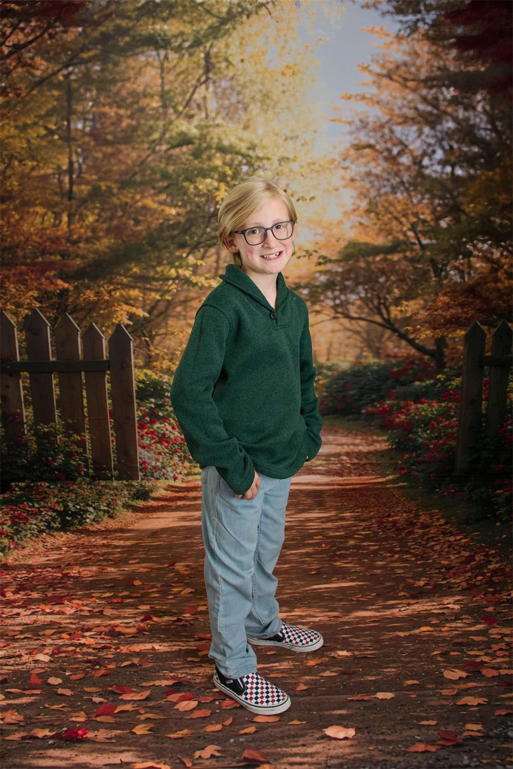 Kate Autumn Forest Red Flower Path Brown Wooden Fence Backdrop Designed by Emetselch