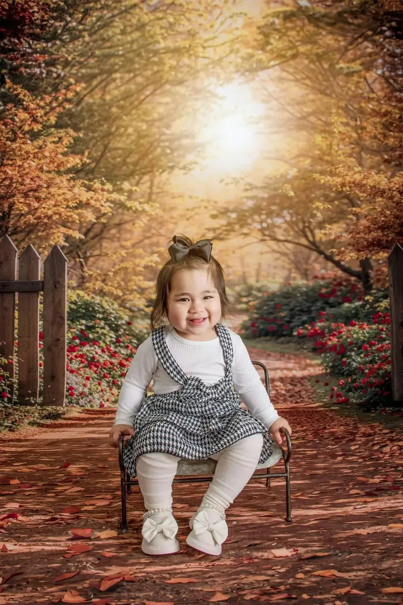 Kate Autumn Forest Red Flower Path Brown Wooden Fence Backdrop+Autumn Fallen Leaves Red Flower Path Floor Backdrop Designed by Kate Image