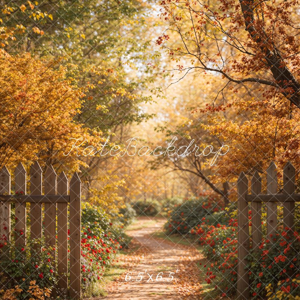 Bosque de otoño con sendero de flores rojas y cerca de madera marrón diseñado por Emetselch