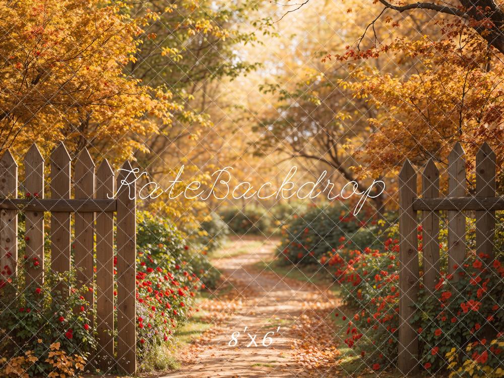 Autumn Forest Red Flower Path Brown Wooden Fence Backdrop Progettato da Emetselch