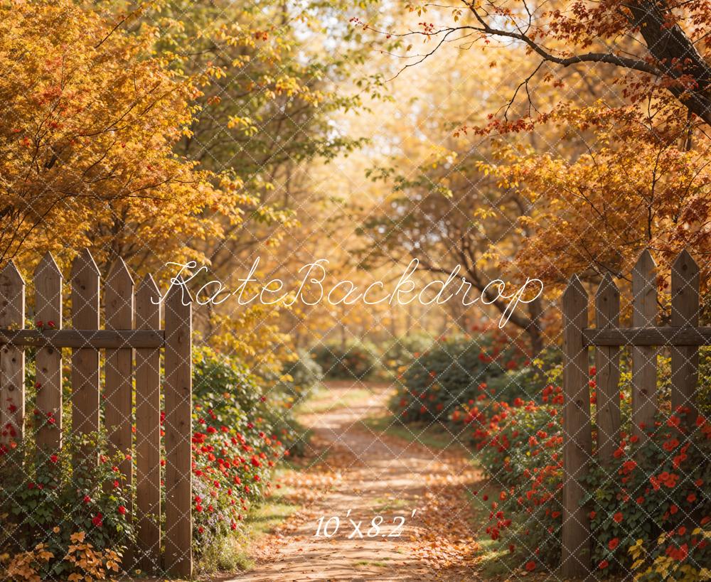 Autumn Forest Red Flower Path Brown Wooden Fence Backdrop Progettato da Emetselch