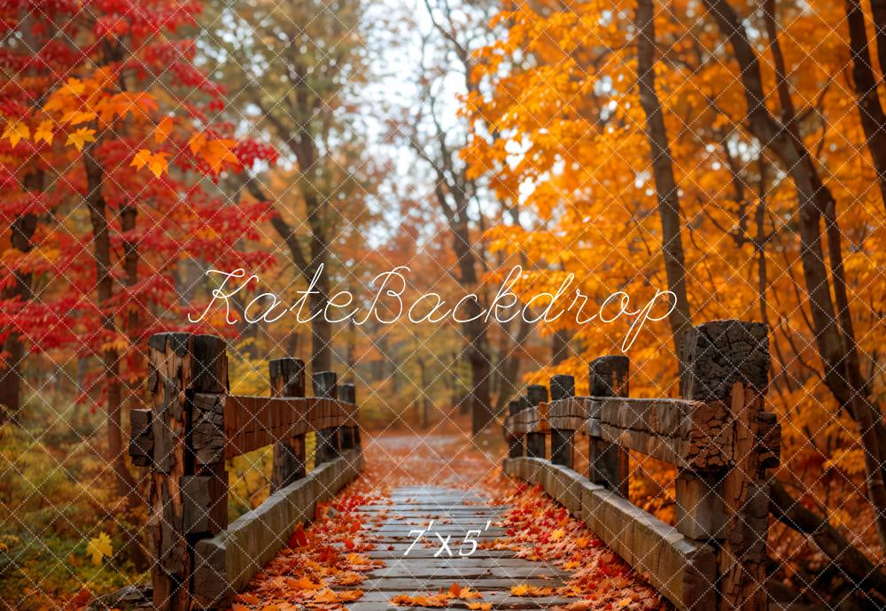 Kate Pet Fall Outdoor Forest Red Maple Dark Brown Wooden Bridge Backdrop Designed by Emetselch