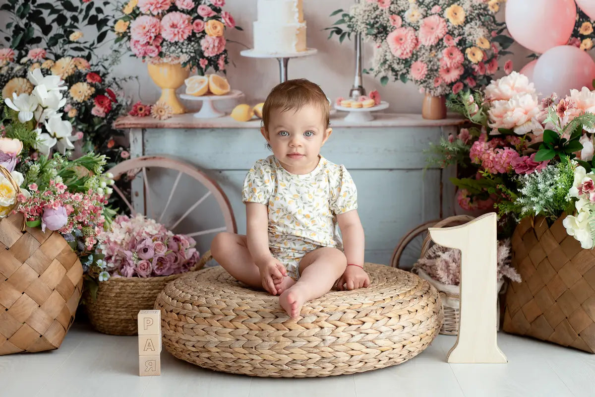 Kate Summer Birthday Cake Smash Lemon Colorful Flower Balloon Arch Backdrop Designed by Emetselch