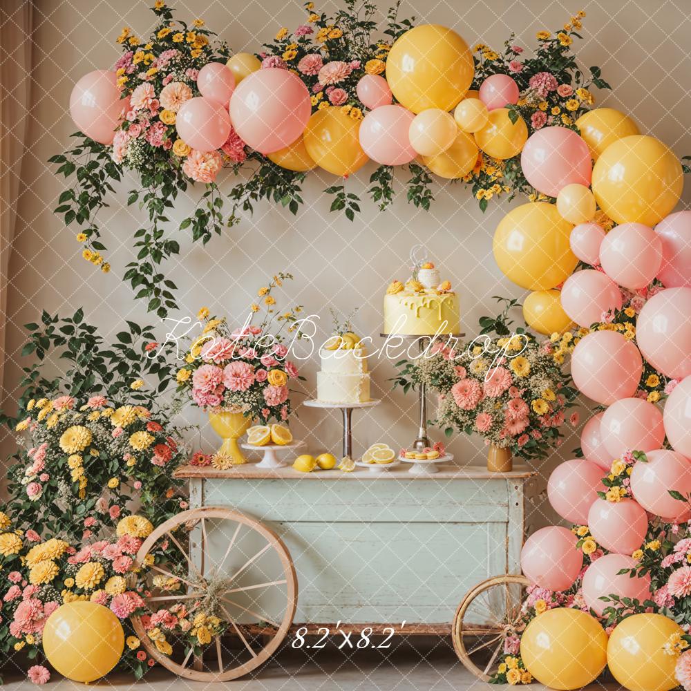 Zomer Verjaardagstaart Smash Citroen Kleurrijke Bloemen Ballonboog Achtergrond Ontworpen door Emetselch