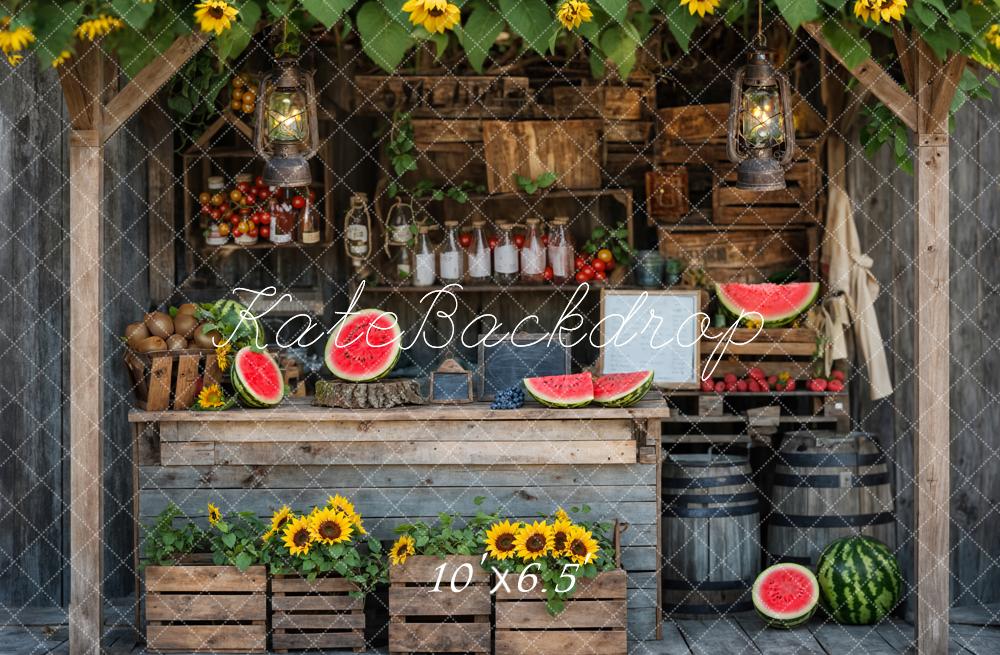 Fondo de tienda de frutas de madera marrón con girasoles de verano y sandía diseñado por Emetselch.