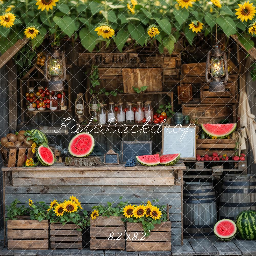 Sfondo del negozio di frutta in legno marrone con girasoli e anguria estivi progettato da Emetselch