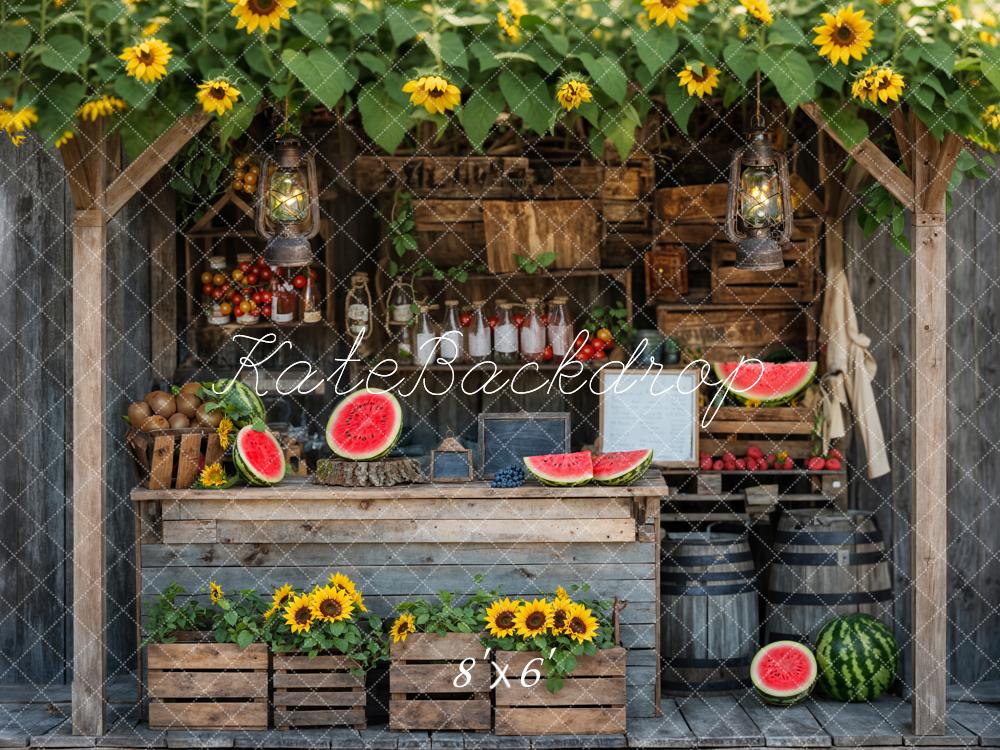 Fondo de tienda de frutas de madera marrón con girasoles de verano y sandía diseñado por Emetselch.