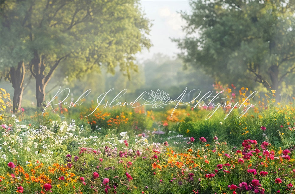 Zomerse buiten bos kleurrijke bloementuinachtergrond ontworpen door Laura Bybee
