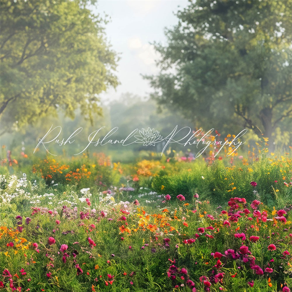 Zomerse buiten bos kleurrijke bloementuinachtergrond ontworpen door Laura Bybee
