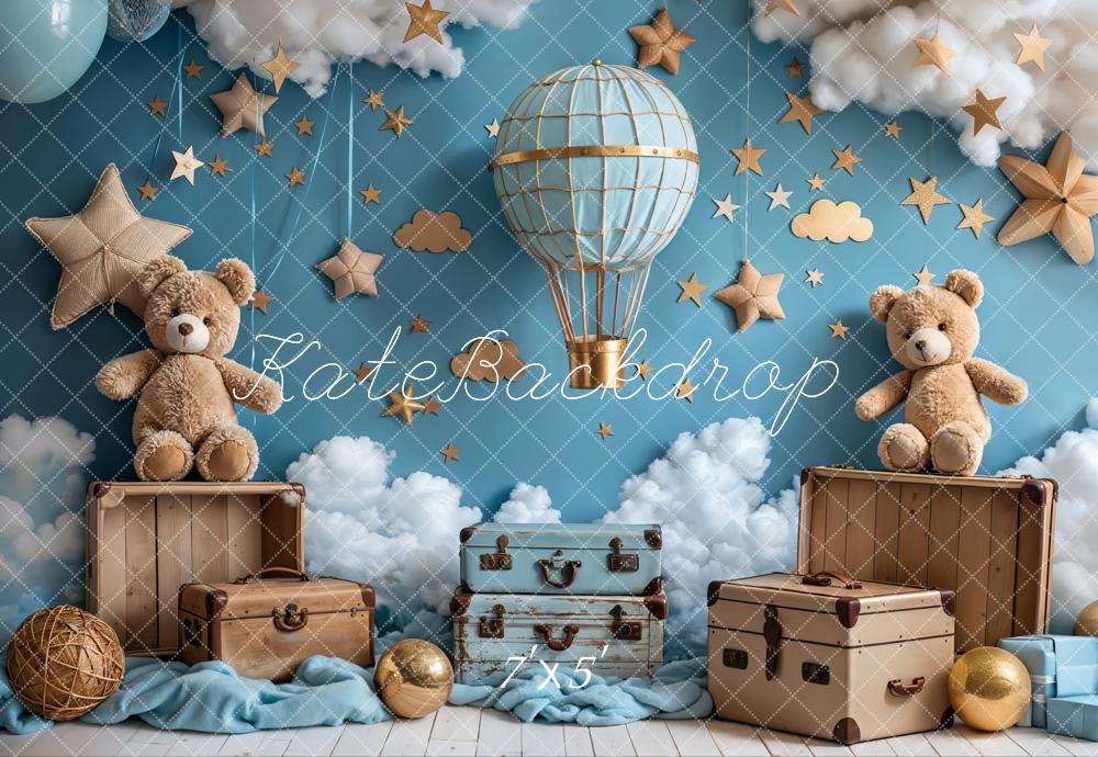 TEST kate Cartoon Hot Air Balloon Travel Teddy Bear Brown Star Blue Wall Backdrop Designed by Emetselch