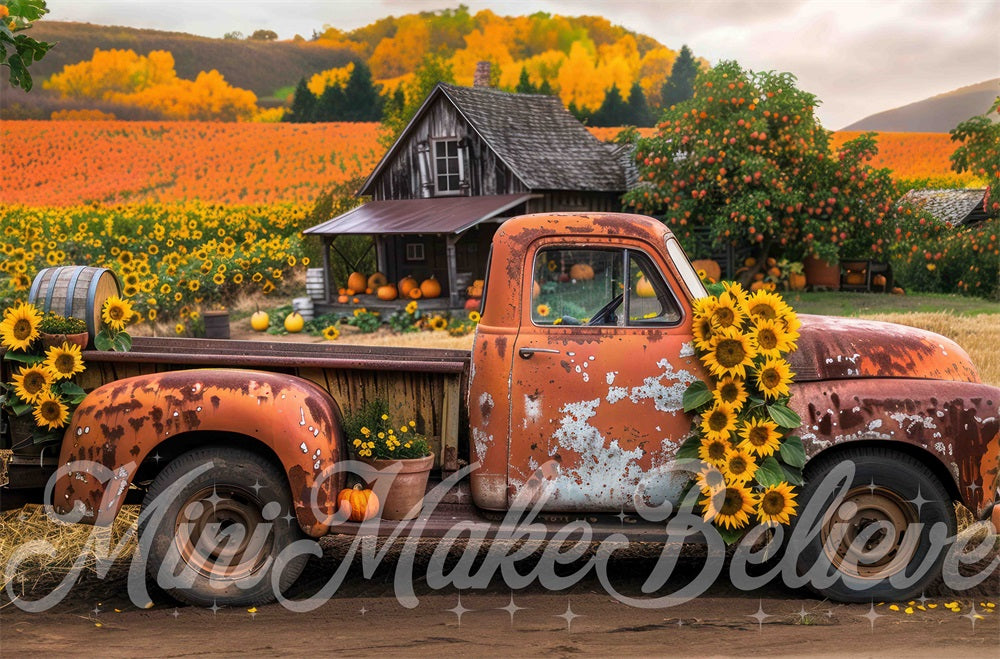 Sfondo autunnale per esterni con girasoli arancioni sullo sfondo di una foresta con un vecchio camion rotto, progettato da Mini MakeBelieve.