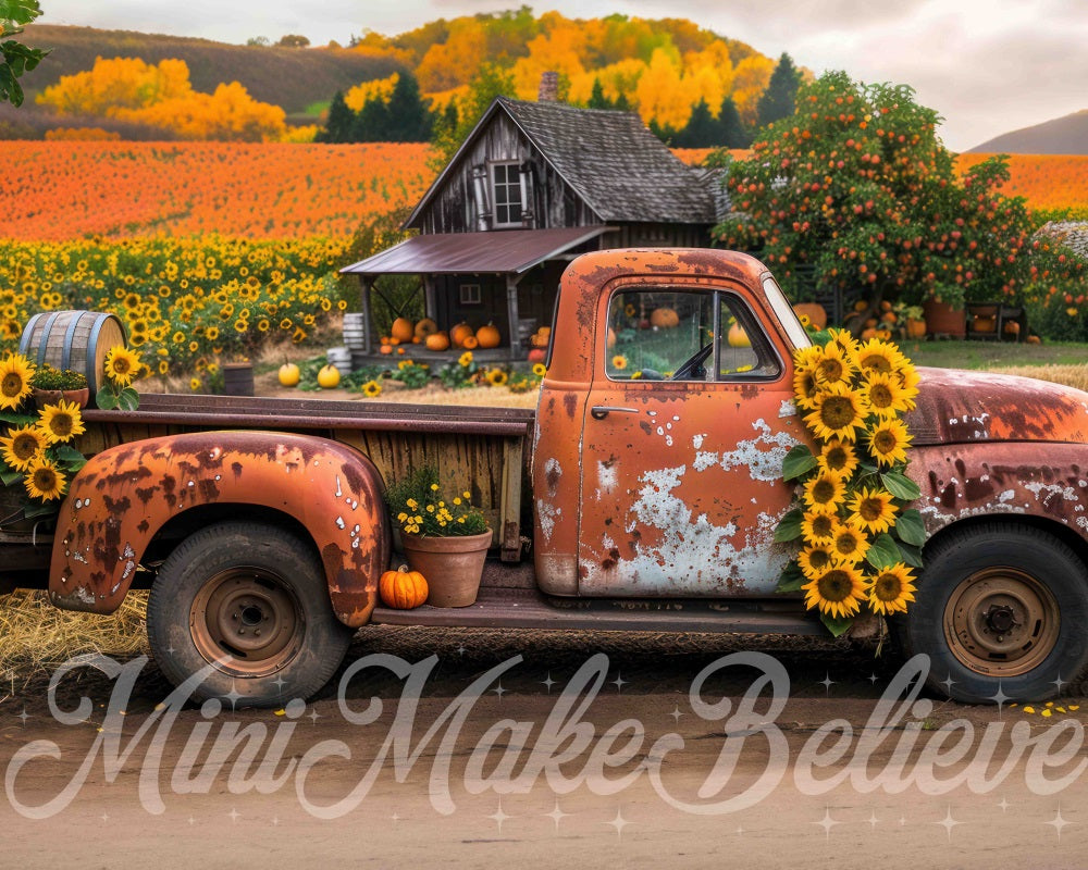 Sfondo autunnale per esterni con girasoli arancioni sullo sfondo di una foresta con un vecchio camion rotto, progettato da Mini MakeBelieve.
