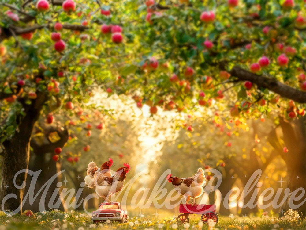 Autunno all'aperto nel frutteto delle mele con giocattolo per polli in campagna, sfondo per fotografia con auto giocattolo e prato, progettato da Mini MakeBelieve.
