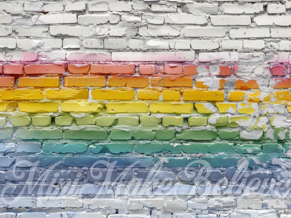 Retro Regenboog Graffiti Gebroken Bakstenen Muur Achtergrond Ontworpen door Mini MakeBelieve
