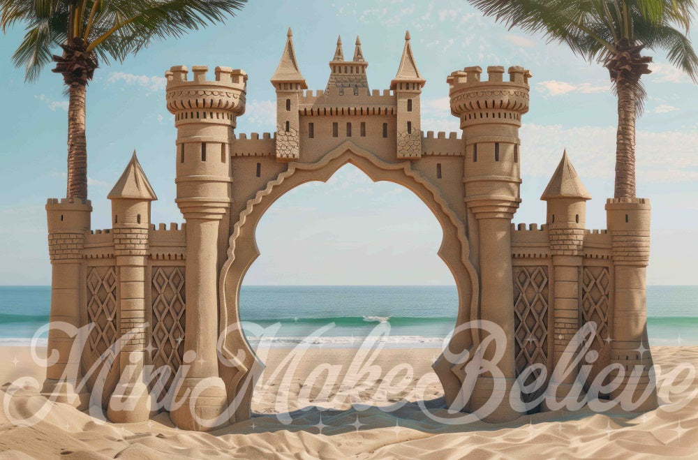 Zomer Zee Strand Retro Zandkasteel Foto Achtergrond Ontworpen door Mini MakeBelieve