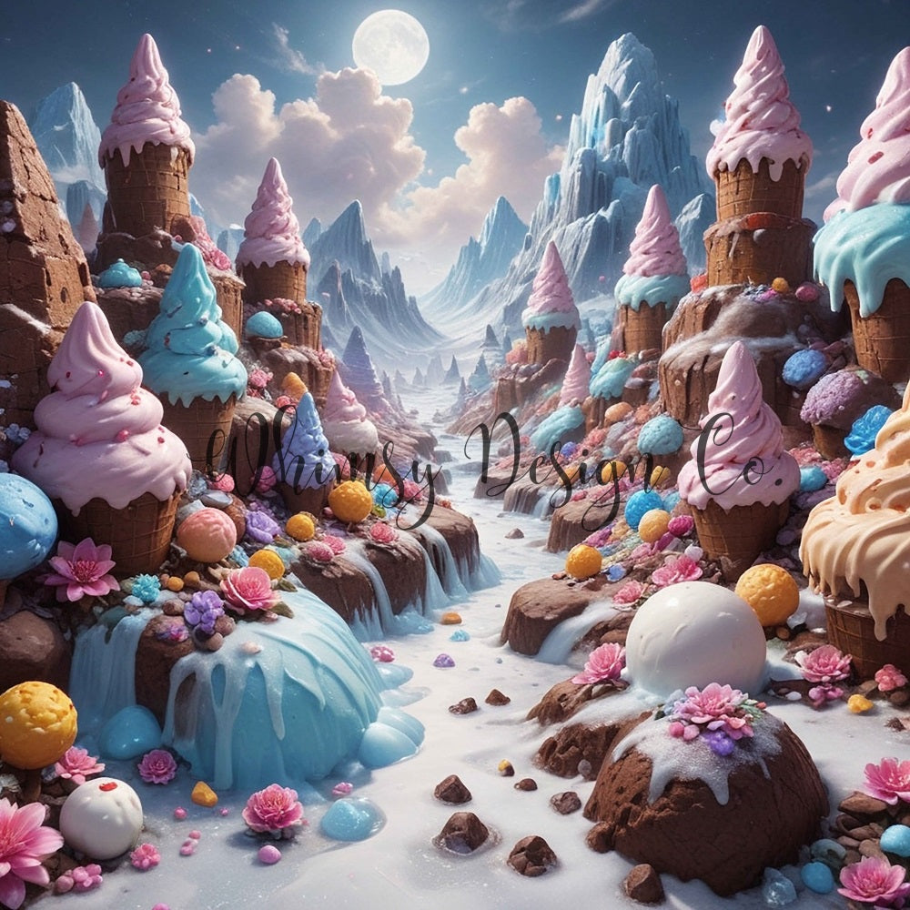 Fantasy Cartoon Pink Flower Colorful Chocolate Ice Cream Mountain Backdrop Diseñado por Nora Dishman