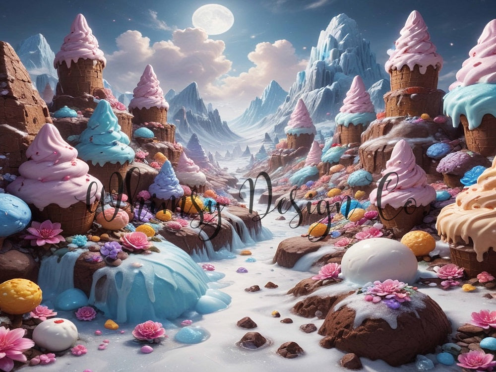 Fantasy Cartoon Pink Flower Colorful Chocolate Ice Cream Mountain Backdrop Diseñado por Nora Dishman