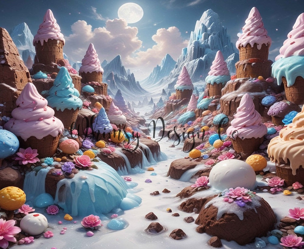 Fantasy Cartoon Pink Flower Colorful Chocolate Ice Cream Mountain Backdrop Diseñado por Nora Dishman