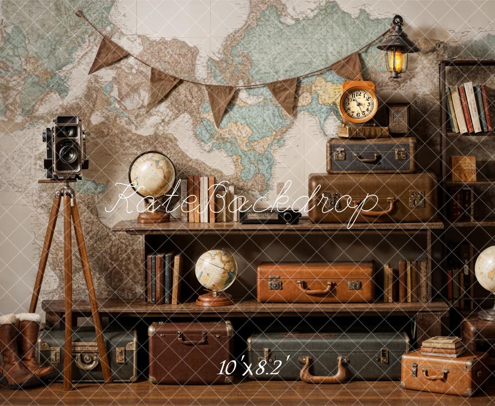 Vintage Camera Suitcase Globe Adventure Travel Backdrop Ontworpen door Emetselch