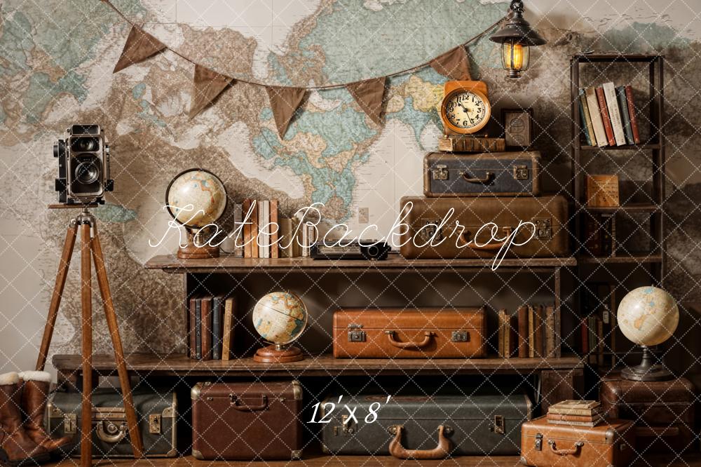 Vintage Camera Suitcase Globe Adventure Travel Backdrop Ontworpen door Emetselch