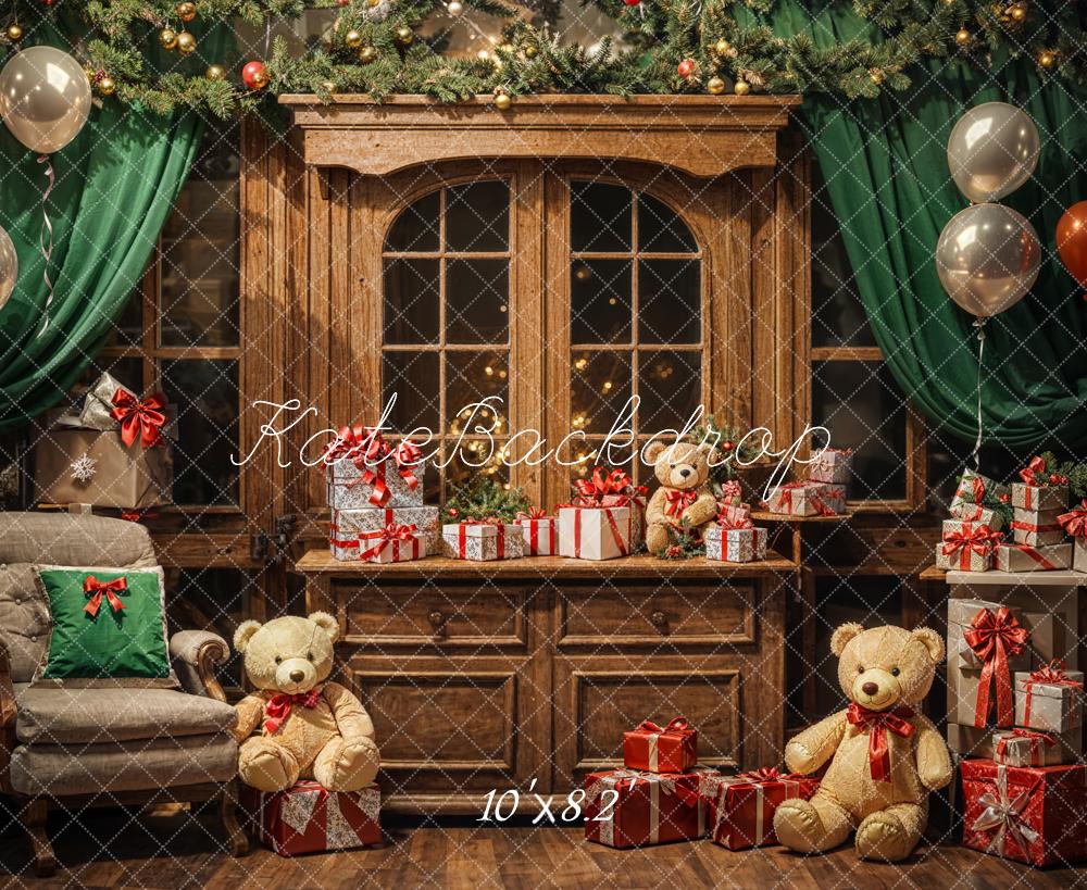 Kate Christmas Balloon Gift Teddy Bear Green Curtain Brown Cabinet Backdrop Designed by Emetselch