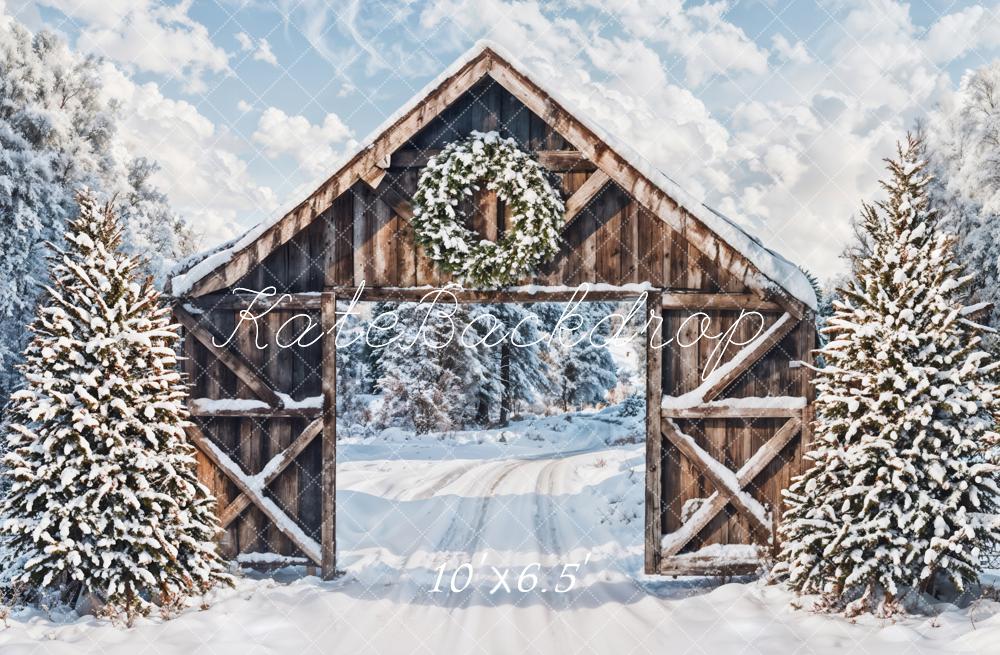 Winter Snow Forest Brown Wooden Cabin Door Backdrop Ontworpen door Emetselch