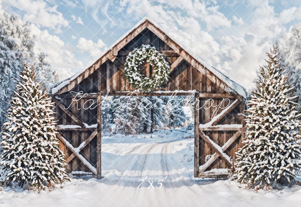 Inverno nella Foresta di Neve Cabina di Legno Marrone Sfondo per Porta Disegnato da Emetselch