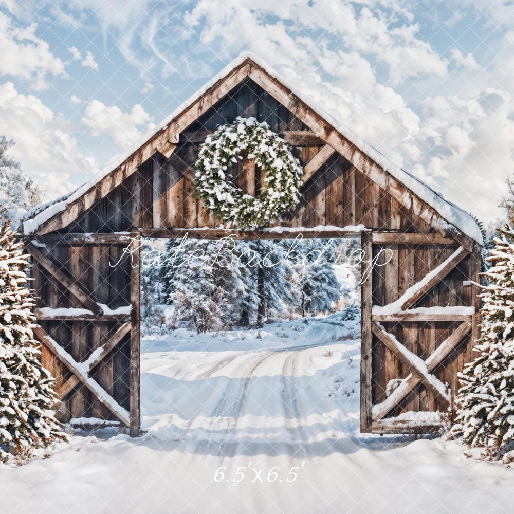 Winter Snow Forest Brown Wooden Cabin Door Backdrop Ontworpen door Emetselch