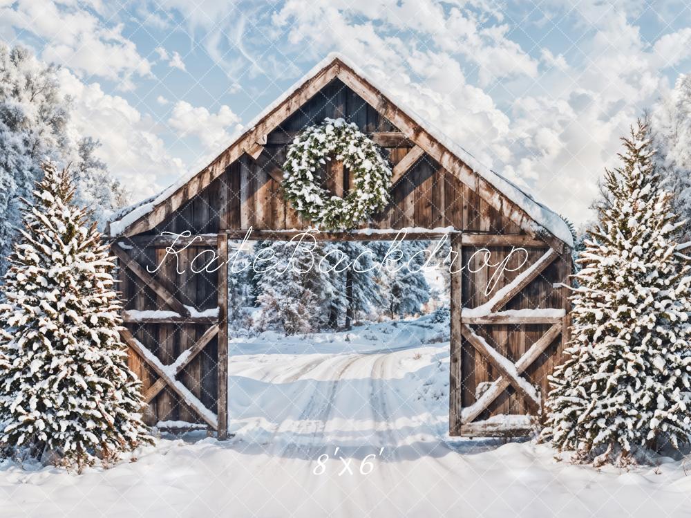 Winter Snow Forest Brown Wooden Cabin Door Backdrop Ontworpen door Emetselch