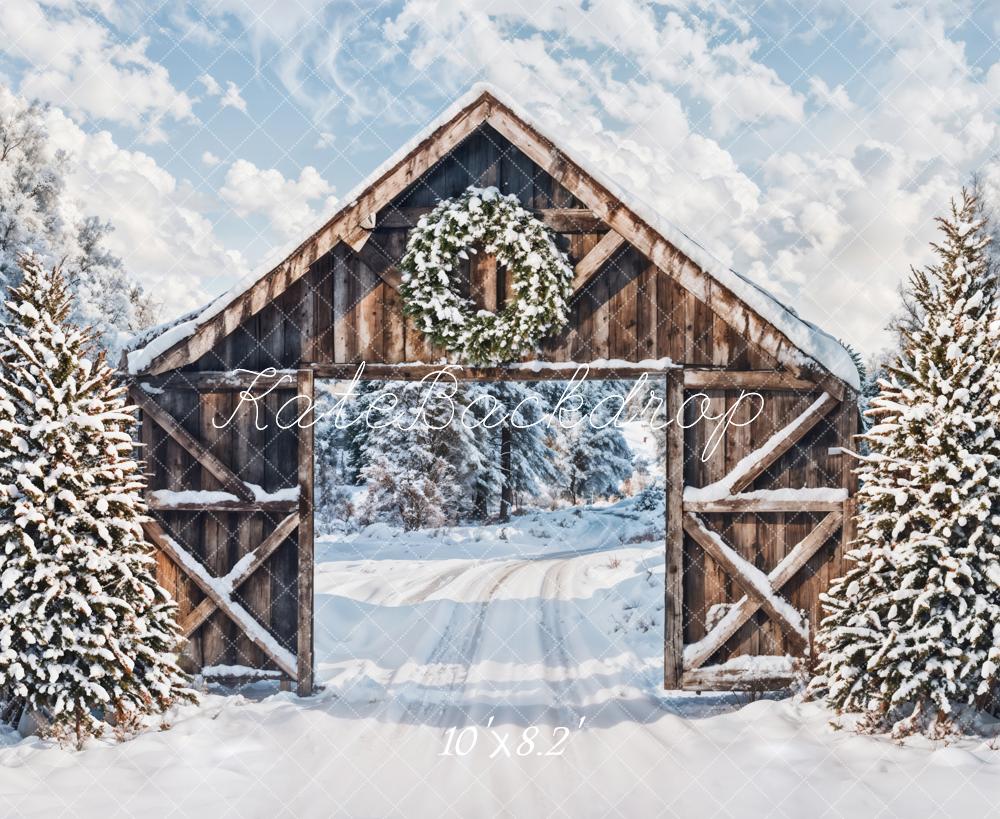 Winter Snow Forest Brown Wooden Cabin Door Backdrop Ontworpen door Emetselch