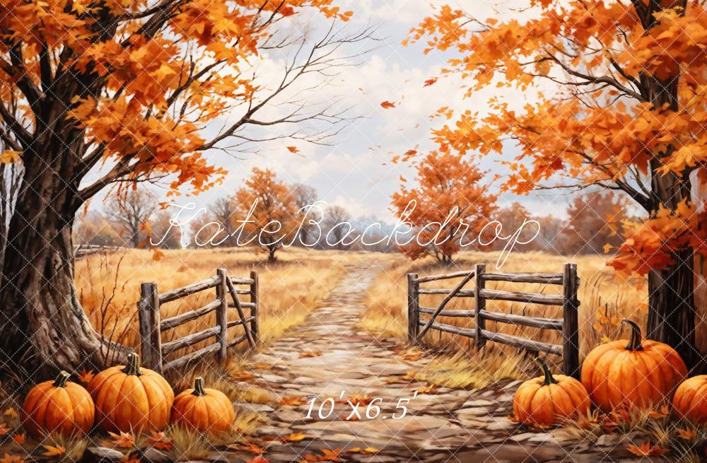 Kate Autumn Outdoor Maple Leaves Forest Field Pumpkin Path Backdrop Designed by GQ