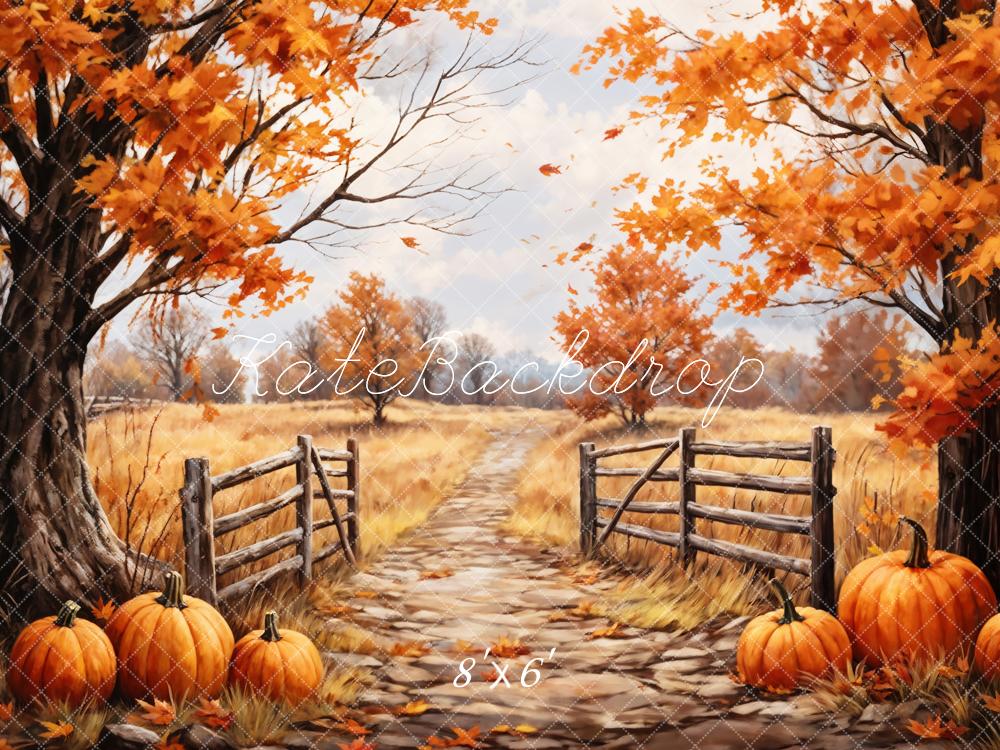 Kate Autumn Outdoor Maple Leaves Forest Field Pumpkin Path Backdrop Designed by GQ