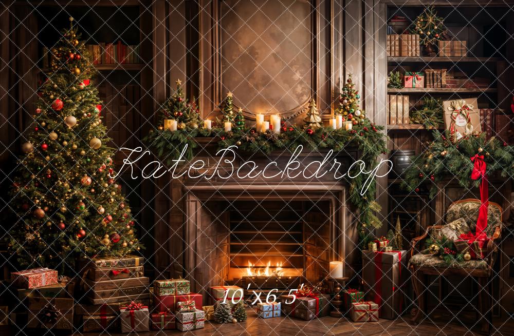Kate Christmas Tree Gift Bookshelf Brown Fireplace Backdrop Designed by Emetselch