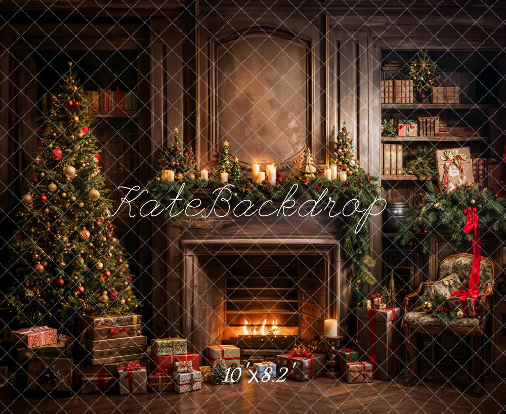 Kate Christmas Tree Gift Bookshelf Brown Fireplace Backdrop Designed by Emetselch