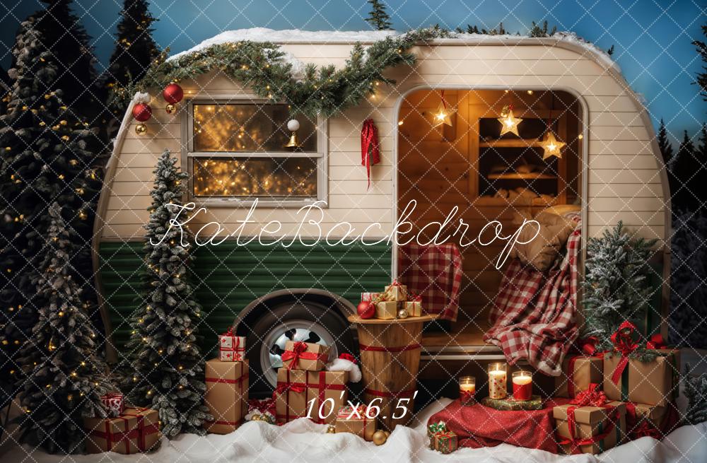 Kate Christmas Snow Night Green and White Gift Camping Car Backdrop Designed by Emetselch