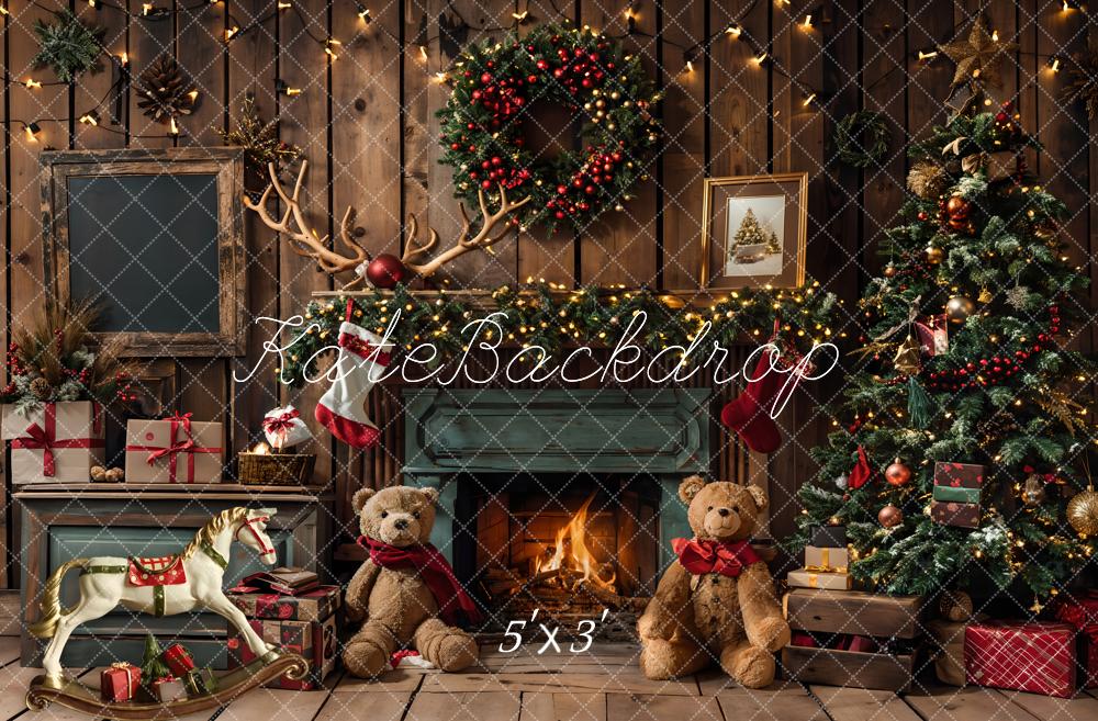 Kate Christmas Gift Teddy Bear Green Fireplace Brown Wooden Room Backdrop Designed by Emetselch