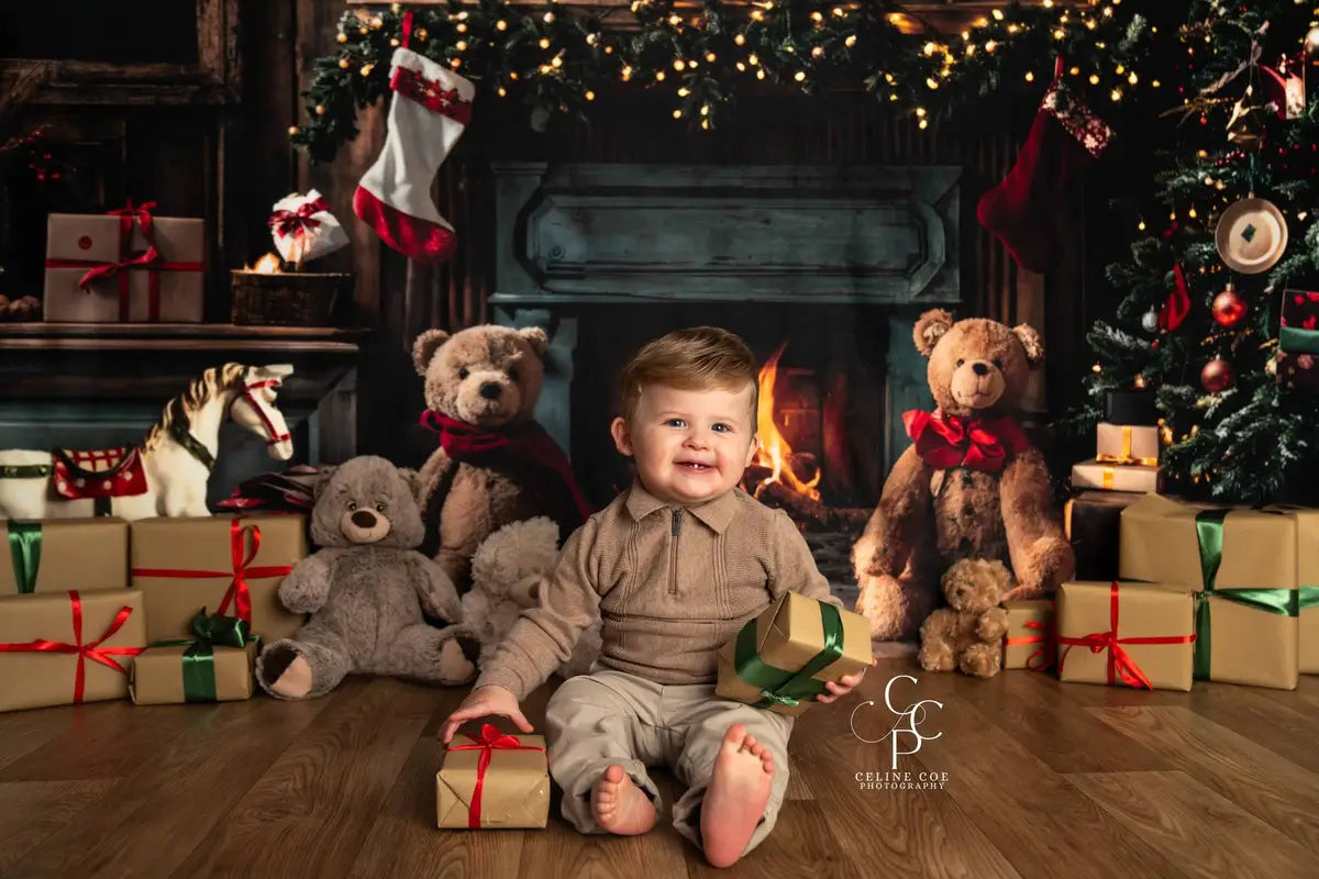 Kate Christmas Gift Teddy Bear Green Fireplace Brown Wooden Room Backdrop Designed by Emetselch