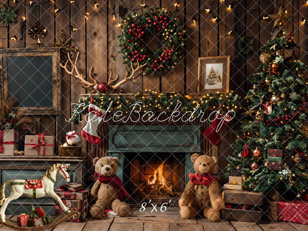 Kate Christmas Gift Teddy Bear Green Fireplace Brown Wooden Room Backdrop Designed by Emetselch