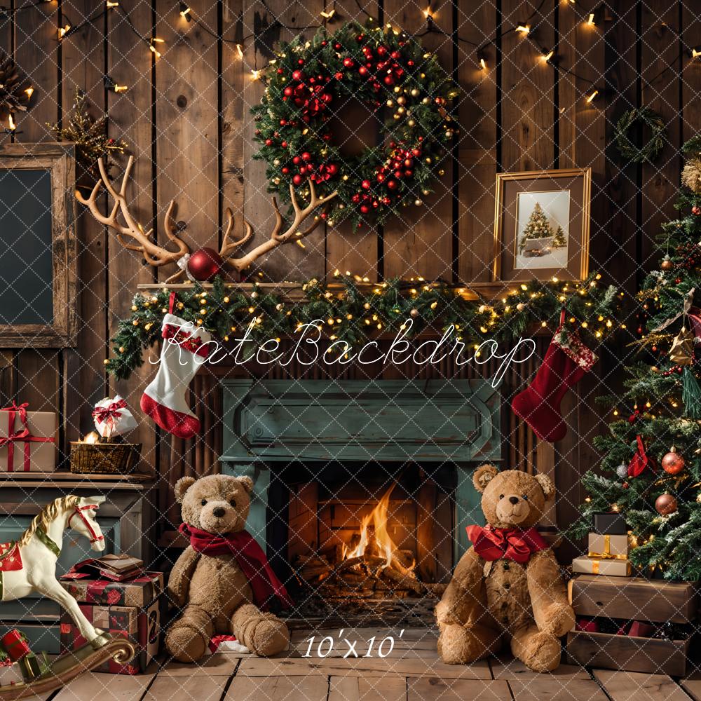 Kate Christmas Gift Teddy Bear Green Fireplace Brown Wooden Room Backdrop Designed by Emetselch