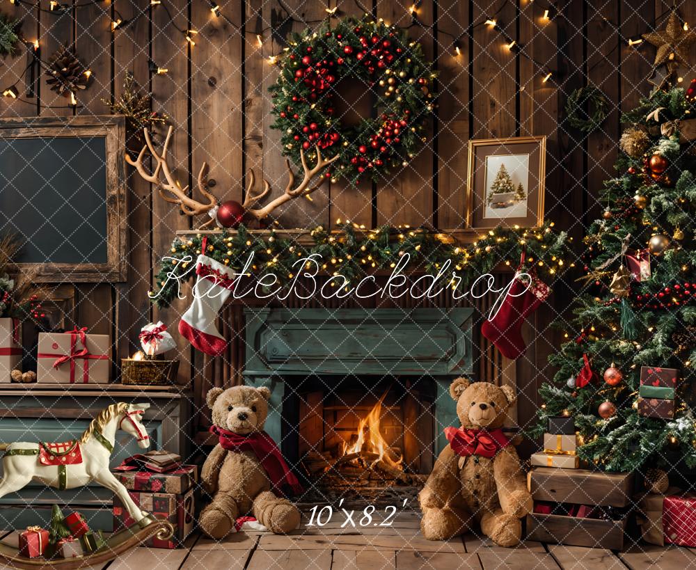 Kate Christmas Gift Teddy Bear Green Fireplace Brown Wooden Room Backdrop Designed by Emetselch