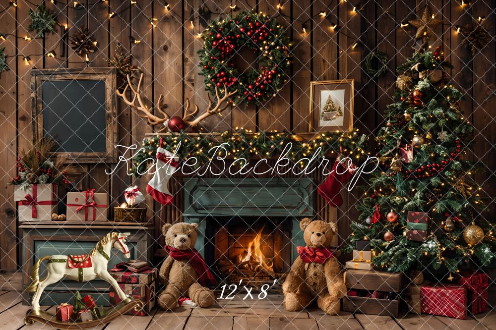 Kate Christmas Gift Teddy Bear Green Fireplace Brown Wooden Room Backdrop Designed by Emetselch