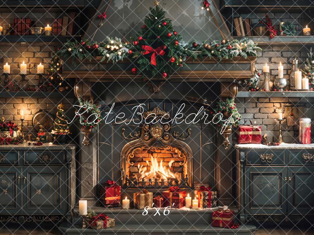 Kate Christmas Dark Green Cabinet and Fireplace Kitchen Backdrop Designed by Emetselch