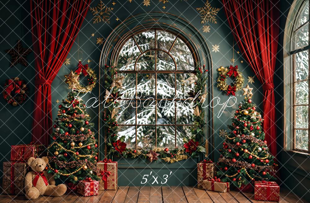 TEST kate Christmas Wreath Teddy Bear Red Curtain Dark Green Arch Window Backdrop Designed by Emetselch