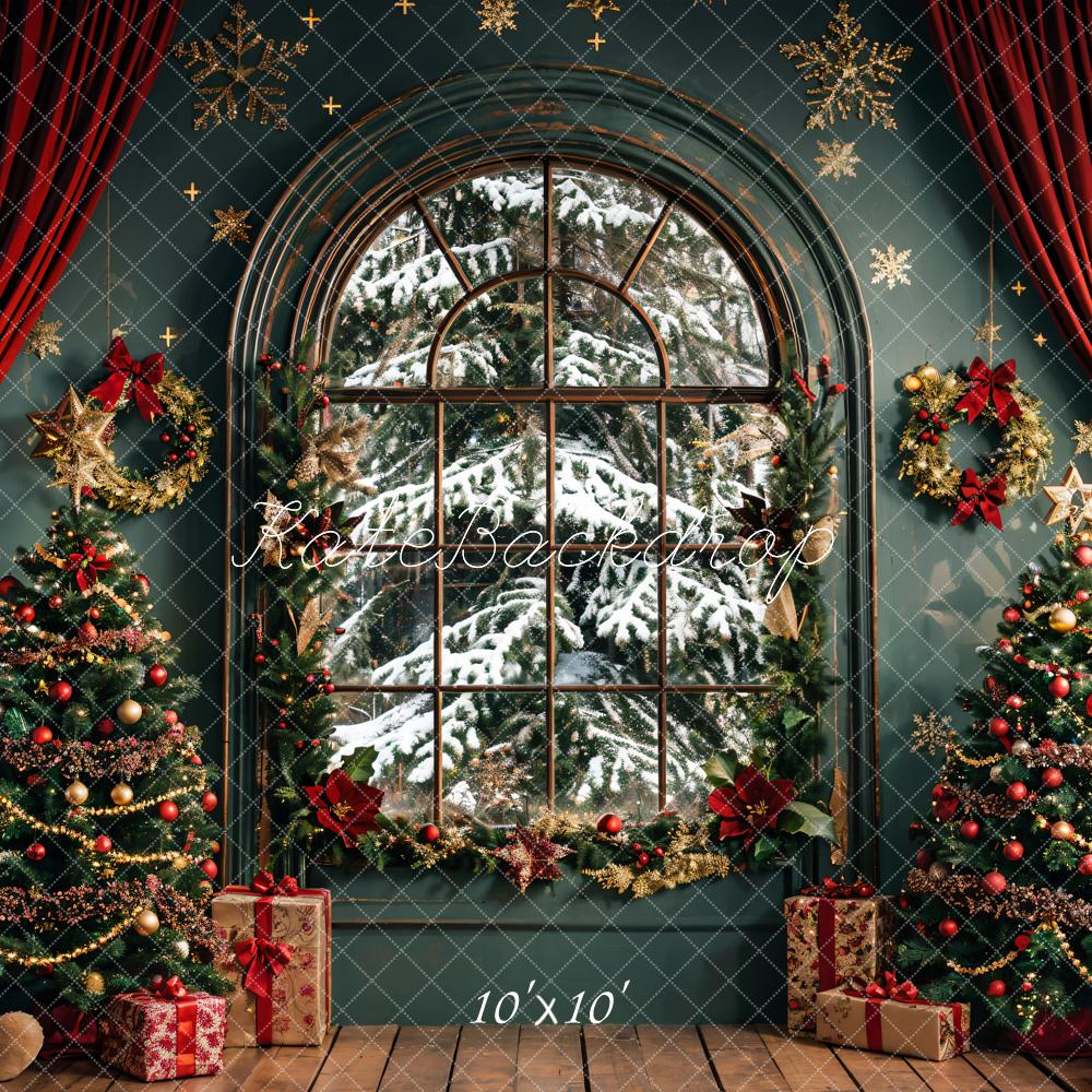 Ghirlanda di Natale Orsacchiotto Tenda Rossa Arco Finestra Verde Scuro Sfondo Disegnato da Emetselch