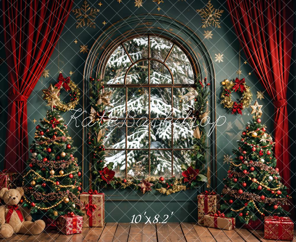 Kate Christmas Wreath Teddy Bear Red Curtain Dark Green Arch Window Backdrop Designed by Emetselch