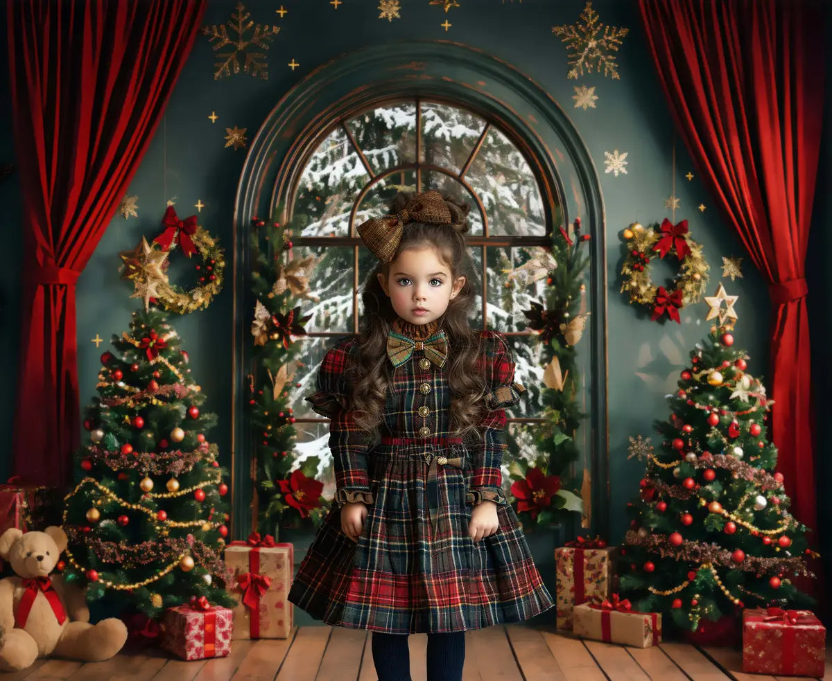 Kate Christmas Wreath Teddy Bear Red Curtain Dark Green Arch Window Backdrop Designed by Emetselch