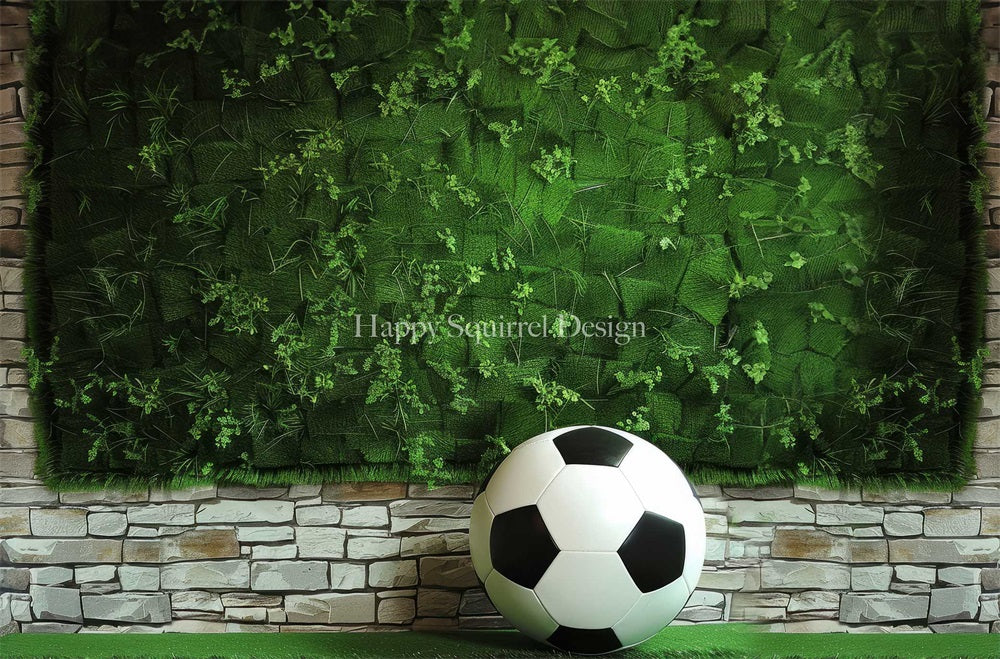 Sfondo muro mattone bianco pianta verde estate calcio sportivo progettato da Happy Squirrel Design