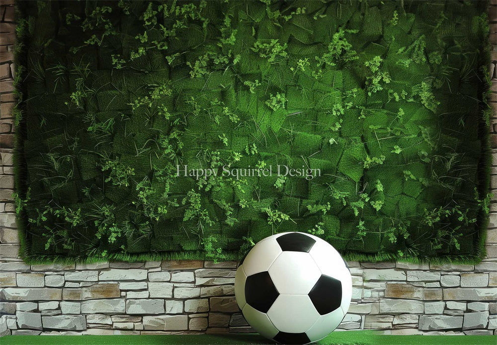 Sfondo muro mattone bianco pianta verde estate calcio sportivo progettato da Happy Squirrel Design