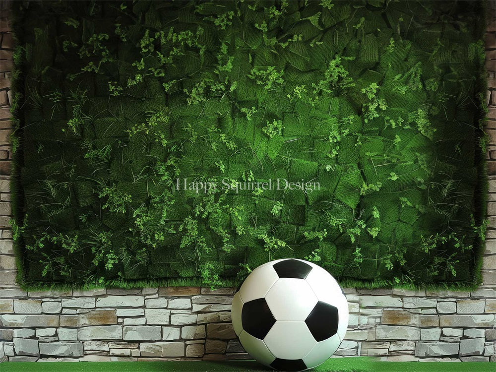 Zomer Voetbalsport Groene Plant Witte Bakstenen Muur Achtergrond Ontworpen door Happy Squirrel Design