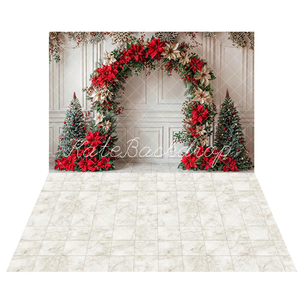 Kerst Kleurrijke Bloemenboog Wit Retro Muur Achtergrond+Ivoorwit Marmeren Ruit Vloer Achtergrond